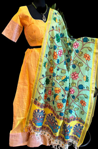 lehenga usa pure silk yellow magalagiri pavadai dhavani langa online usa pen kalamkari usa yellow 