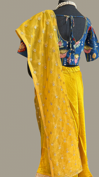 Yellow  Pure Mangalagiri Silk Indian Lehenga hand painted kalamkari blouse with Dupatta