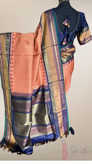 Vintage revival Traditional checks gopuram design temple old world vintage kanchi pattu saree Orange handwoven Kai korvai stitched blouses