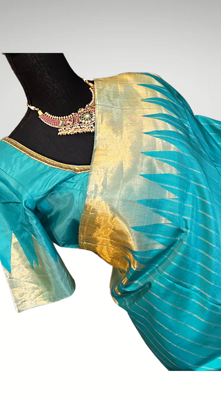 Pure Gadwal silk saree online teal green temple design silk saree Indian wedding saree with blouse online USA pure silk saree