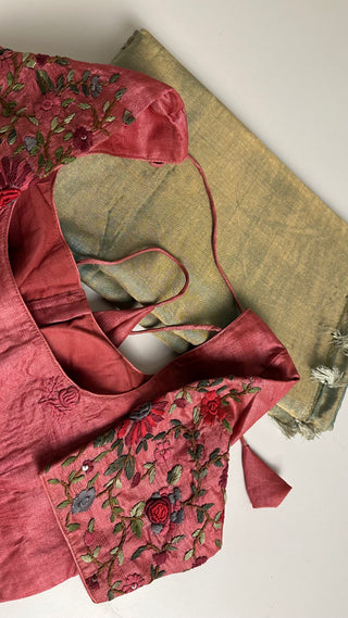 Tissue Handloom Chanderi tissue silk saree with pure Tussar silk embroidered  silk blouse