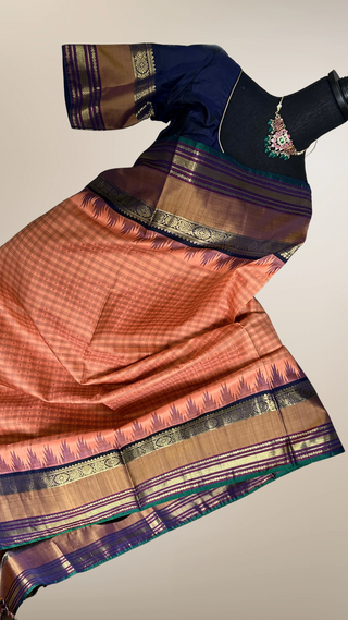 Vintage revival Traditional checks gopuram design temple old world vintage kanchi pattu saree Orange handwoven Kai korvai stitched blouses