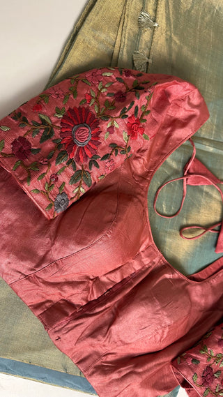 Tissue Handloom Chanderi tissue silk saree with pure Tussar silk embroidered  silk blouse