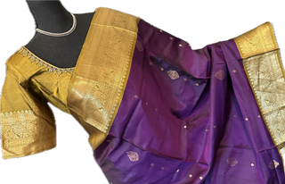 Purple goldzari pure soft silk saree online usa with stitched embroidered blouse online usa