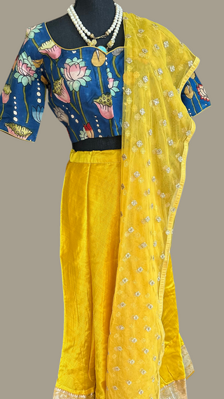 Yellow  Pure Mangalagiri Silk Indian Lehenga hand painted kalamkari blouse with Dupatta
