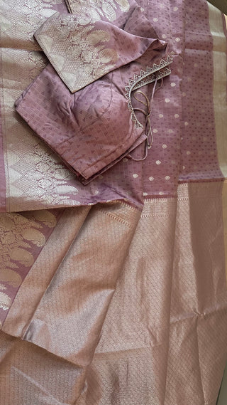 Mauve silver kanchi pure zari  kanchi pattu saree fine weave kanchi pattu bridal