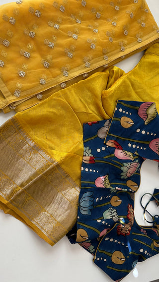 Yellow  Pure Mangalagiri Silk Indian Lehenga hand painted kalamkari blouse with Dupatta