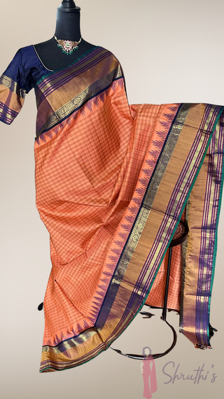 Vintage revival Traditional checks gopuram design temple old world vintage kanchi pattu saree Orange handwoven Kai korvai stitched blouses