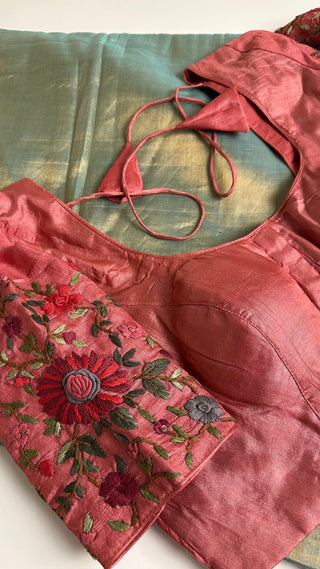 Tissue Handloom Chanderi tissue silk saree with pure Tussar silk embroidered  silk blouse