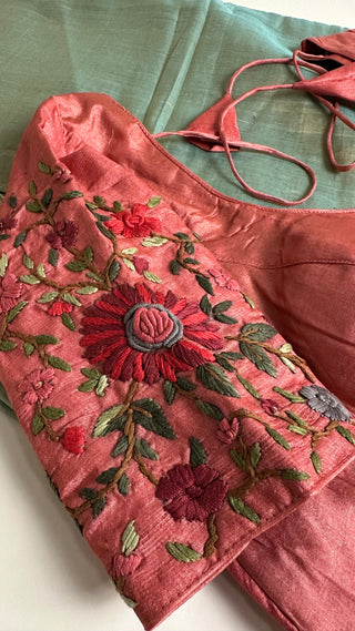 Tissue Handloom Chanderi tissue silk saree with pure Tussar silk embroidered  silk blouse