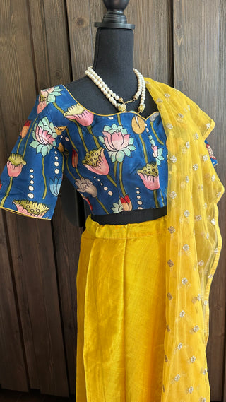Yellow  Pure Mangalagiri Silk Indian Lehenga hand painted kalamkari blouse with Dupatta