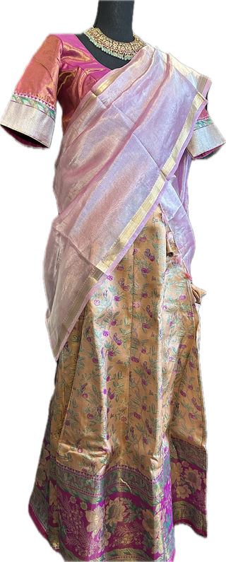 Tissue pastel pure lehenga pavadai dhavani silk with stitched blouse ready to ship readymade adult pavadai langa