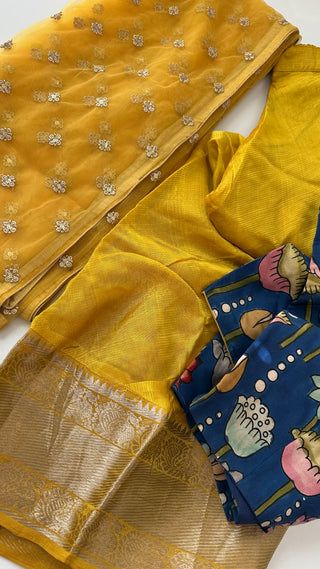 Yellow  Pure Mangalagiri Silk Indian Lehenga hand painted kalamkari blouse with Dupatta