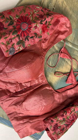 Tissue Handloom Chanderi tissue silk saree with pure Tussar silk embroidered  silk blouse