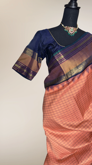 Vintage revival Traditional checks gopuram design temple old world vintage kanchi pattu saree Orange handwoven Kai korvai stitched blouses