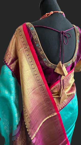 Traditinal Indian Bridal Sea Green  purple brocade  hand woven Gold kanchi pattu saree brocade fine weave kanchi pattu bridal