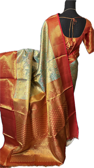 Meenkari green pure silk saree silver zari online usa with stitched blouse