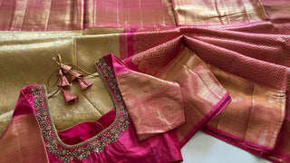 Beige Gold Pink Brocade Pure silk pattumuhurtam saree pure zari Kanjivaram silk saree with prestitched blouse embroidered blouse