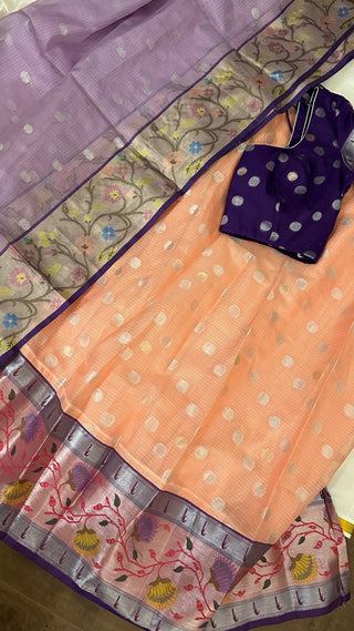 pure zari Kota lehenga peach with stitched blouse