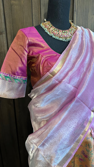 Tissue pastel pure lehenga pavadai dhavani silk with stitched blouse ready to ship readymade adult pavadai langa