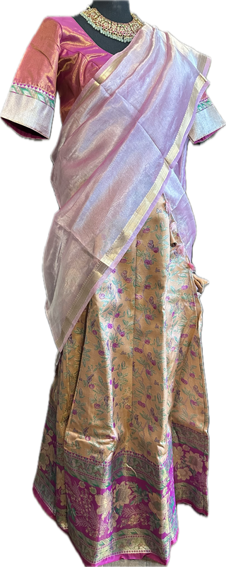 Tissue pastel pure lehenga pavadai dhavani silk with stitched blouse ready to ship readymade adult pavadai langa
