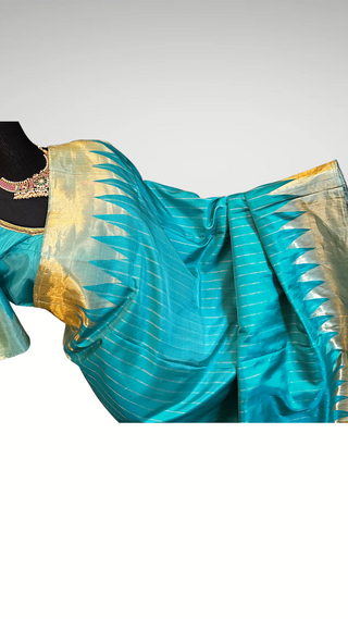 Pure Gadwal silk saree online teal green temple design silk saree Indian wedding saree with blouse online USA pure silk saree