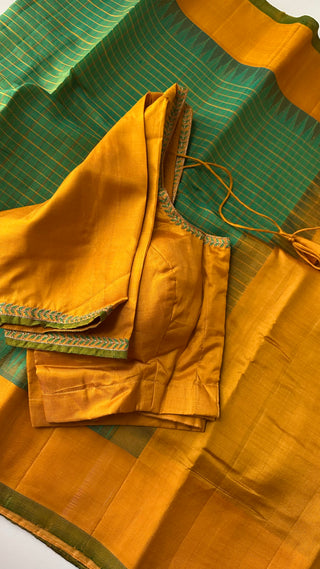 Gadwal handwoven silk cototn body saree with embroidered stitched blouse