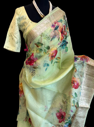 Floral pastel green organza silk saree sari online usa with zari borders stitched blouse online usa pure organza saree online usa