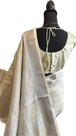 White Linen saree silver zari  with stitched  blouse online usa sale latest linen lightweight partywear zari borders