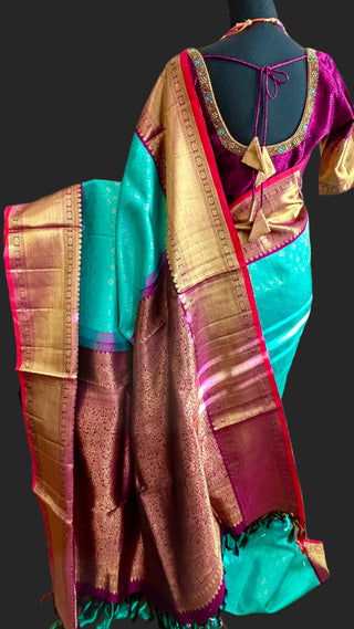 Traditinal Indian Bridal Sea Green  purple brocade  hand woven Gold kanchi pattu saree brocade fine weave kanchi pattu bridal
