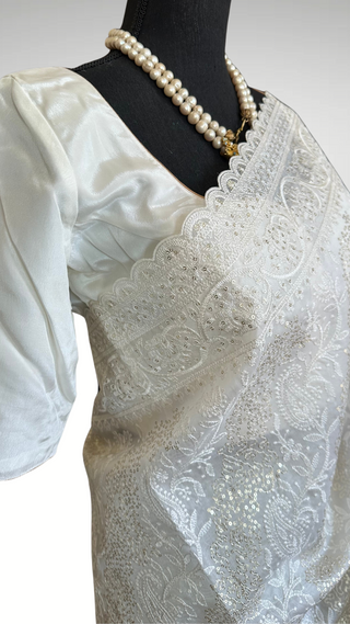 White embroidered Organza saree with prestitched blouse- party wear Organza