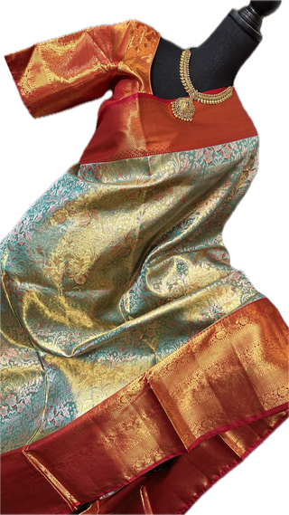 Meenkari green pure silk saree silver zari online usa with stitched blouse