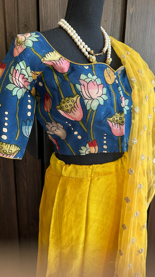 Yellow  Pure Mangalagiri Silk Indian Lehenga hand painted kalamkari blouse with Dupatta