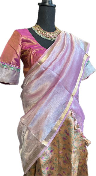 Tissue pastel pure lehenga pavadai dhavani silk with stitched blouse ready to ship readymade adult pavadai langa