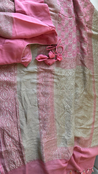 Pure Georgette Beneras Pastel pink silk saree pure silk border pallu