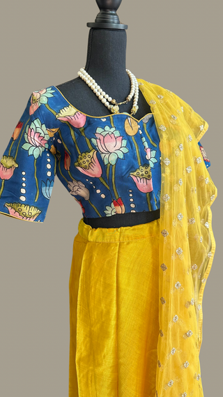 Yellow  Pure Mangalagiri Silk Indian Lehenga hand painted kalamkari blouse with Dupatta