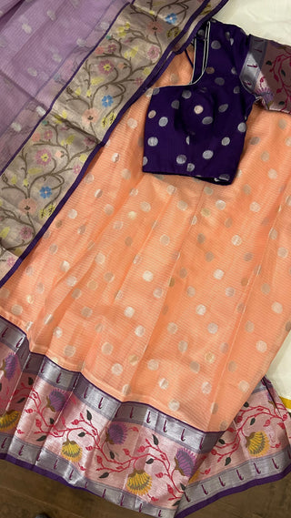 pure zari Kota lehenga peach with stitched blouse