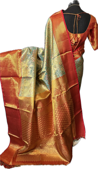 Meenkari green pure silk saree silver zari online usa with stitched blouse