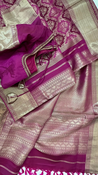 Brocade Beneras inspired kanjivaram shades if maroons pink  gold zari with stitched blouse traditional kanchi pattusaree saree Indian wedding