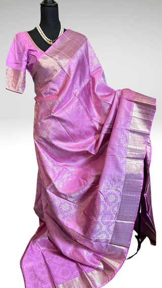Brocade kanjivaram pastel lavender gold zari with stitched blouse traditional kanchi pattusaree saree Indian wedding