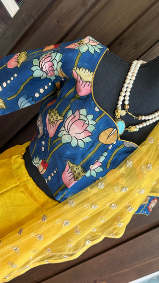 Yellow  Pure Mangalagiri Silk Indian Lehenga hand painted kalamkari blouse with Dupatta