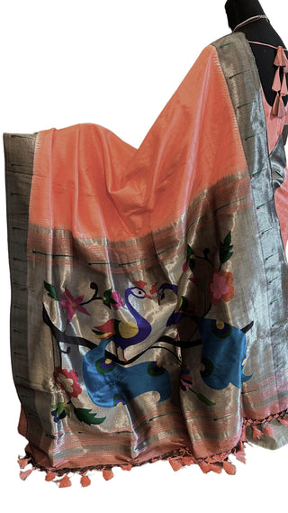 Salmon pastel paithani saree pure paithani saree silver zari saree online usa pure zari silver paithani saree online usa