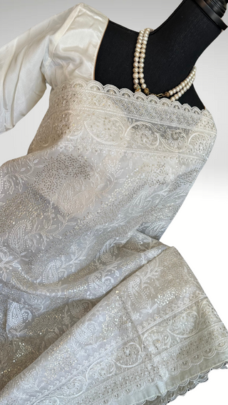 White embroidered Organza saree with prestitched blouse- party wear Organza