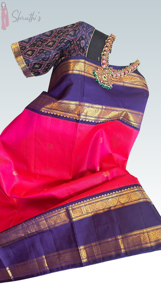 omplete bridal styling of pink double shade Vaira Oosi Kanchivaram silk saree with prestitched blouse, showcasing elegant drape and silver zari shine.