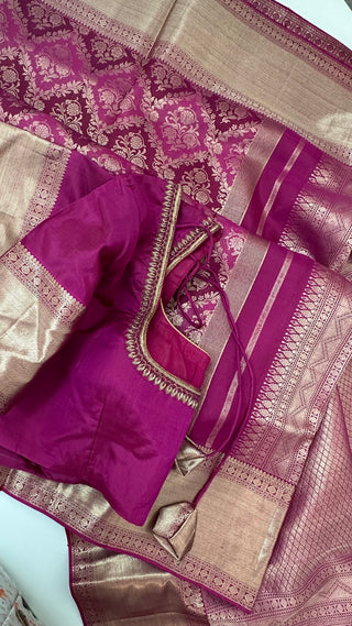 Brocade Beneras inspired kanjivaram shades if maroons pink  gold zari with stitched blouse traditional kanchi pattusaree saree Indian wedding