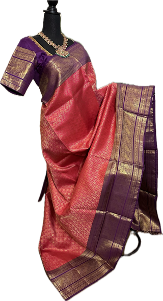 Pinkish Red Brocade kanjivaram silver zari with stitched blouse Indian bridal red kanjivaram silk spree online usa sari