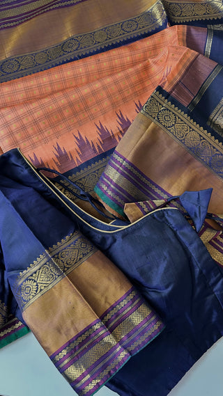 Vintage revival Traditional checks gopuram design temple old world vintage kanchi pattu saree Orange handwoven Kai korvai stitched blouses