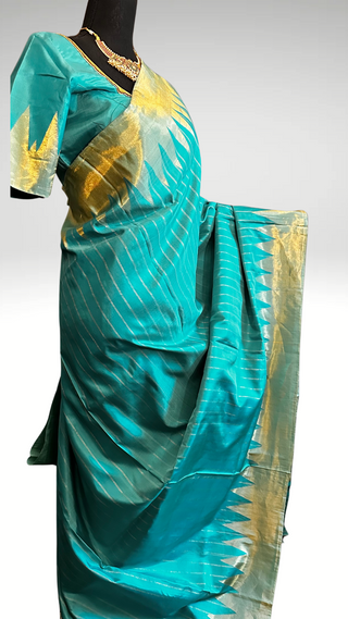 Pure Gadwal silk saree online teal green temple design silk saree Indian wedding saree with blouse online USA pure silk saree