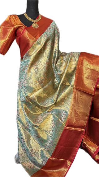 Meenkari green pure silk saree silver zari online usa with stitched blouse
