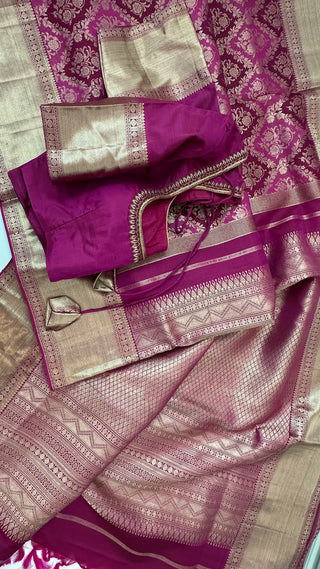 Brocade Beneras inspired kanjivaram shades if maroons pink  gold zari with stitched blouse traditional kanchi pattusaree saree Indian wedding